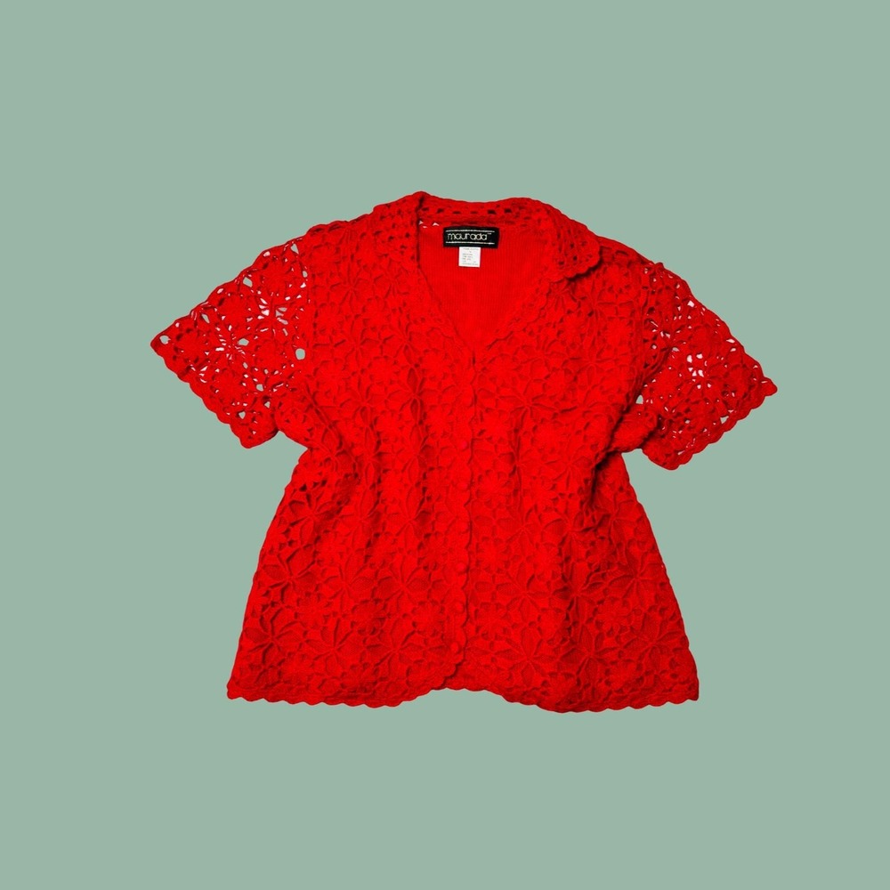 Vintage Red Open Weave Knit Fully Lined Short Sleeve Sweater, Size Medium